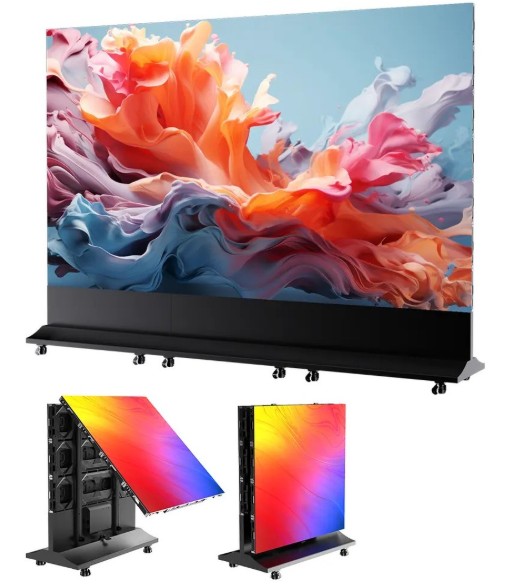 Écran LED grand format sur pied mobile, assemblé en modules