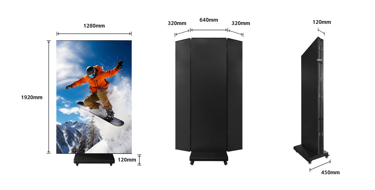 Totem LED 1280 × 1920 mm, vues de face, de dos et de profil