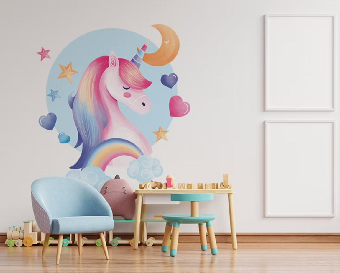 Impression murale d'une licorne pastel dans une chambre d'enfant