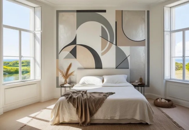 Fresque géométrique abstraite imprimée sur le mur d'une chambre