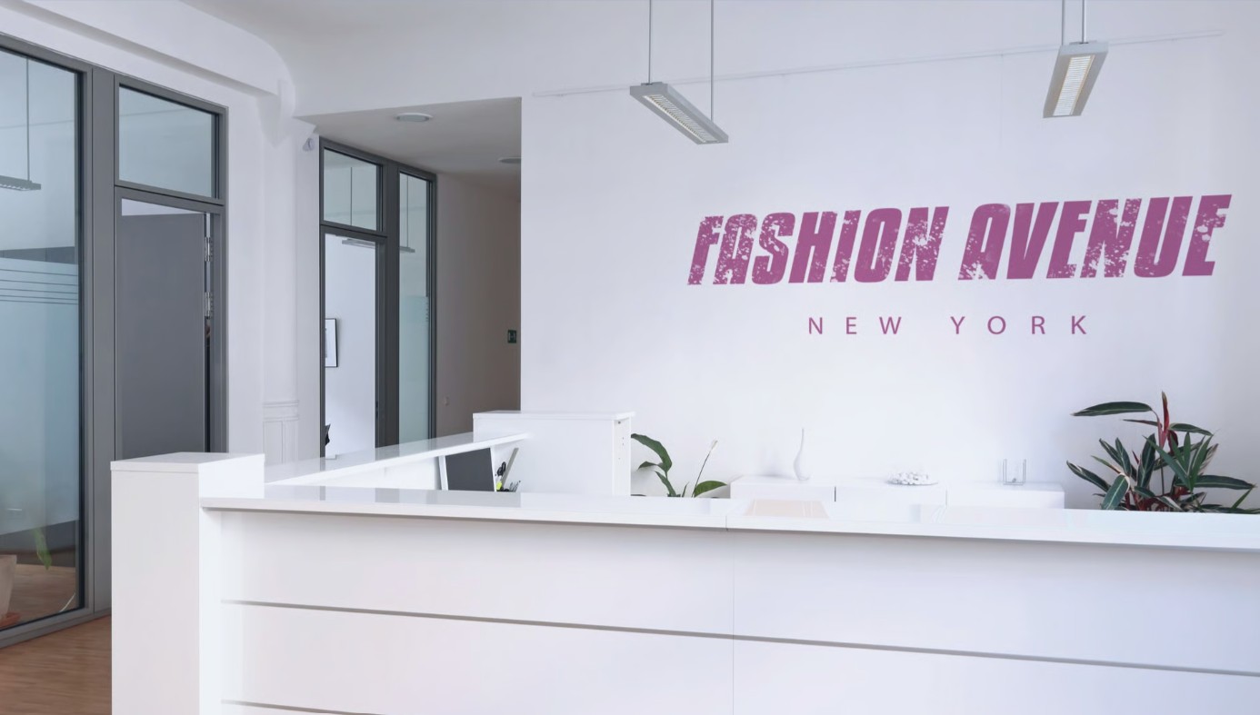 Impression murale du logo « Fashion Avenue » sur le mur d'un espace d'accueil d'entreprise