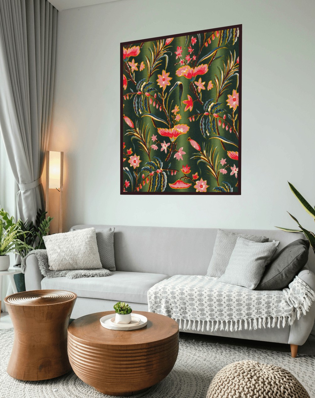 Impression murale d'un grand motif floral coloré dans un salon